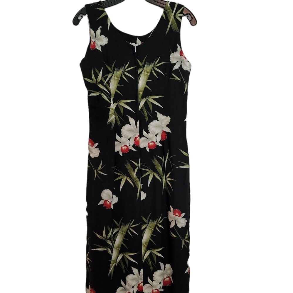 Halekulani Hawaiian black floral sleeveless maxi shift dress Medium